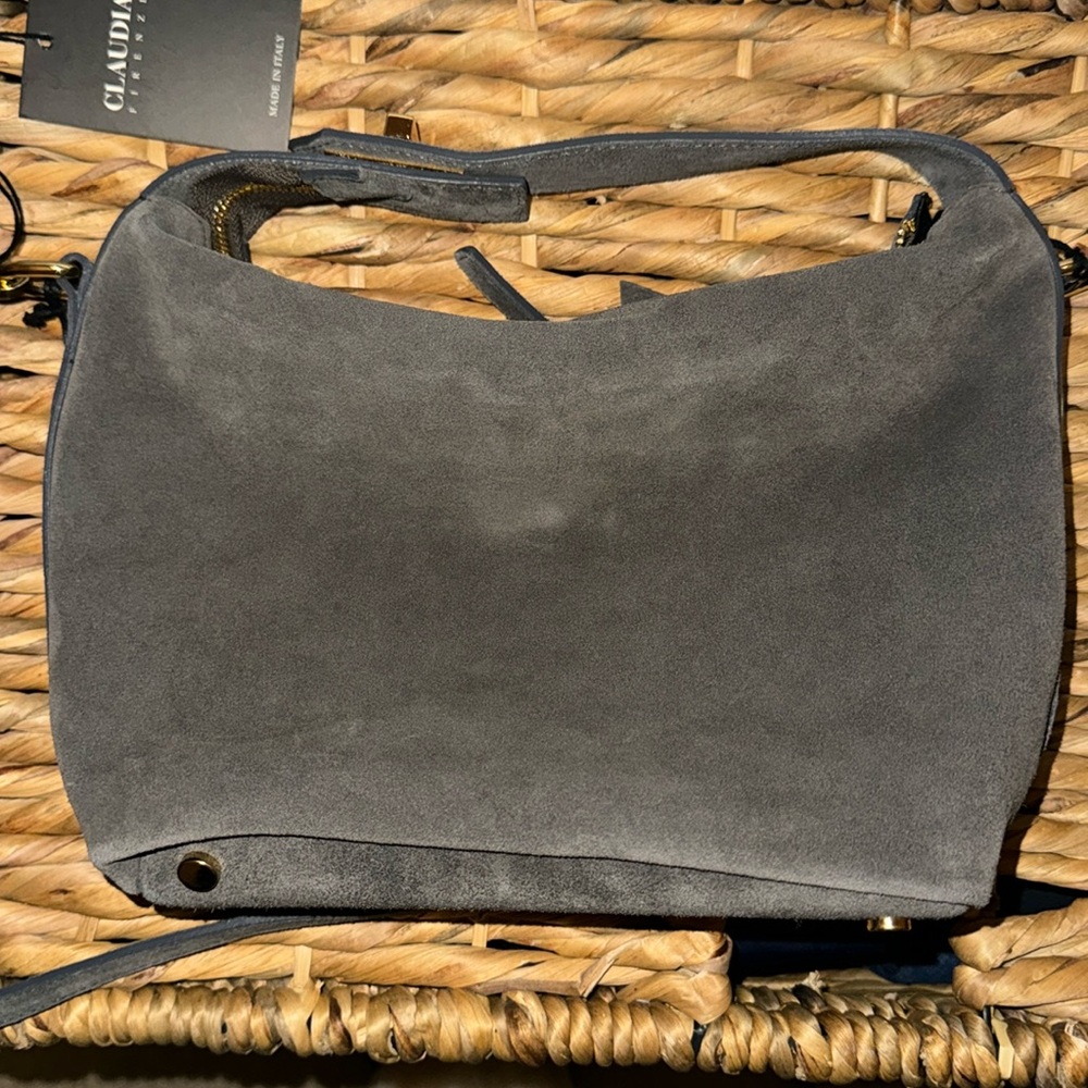 CLAUDIA FIRENZE SUEDE Shoulder Bag gray gold zipper removable strap TikTok viral